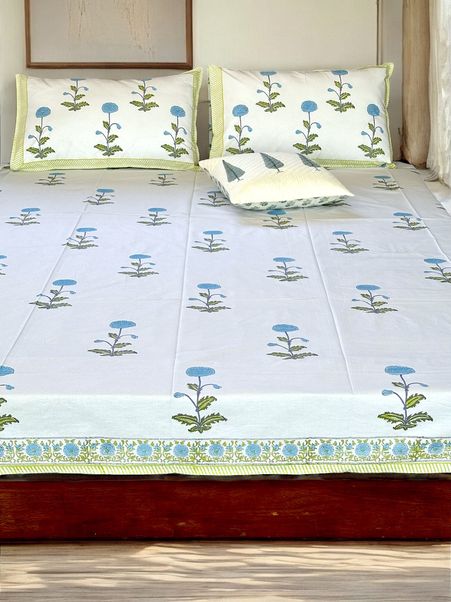 Sky Bloom Block Print Bedsheet