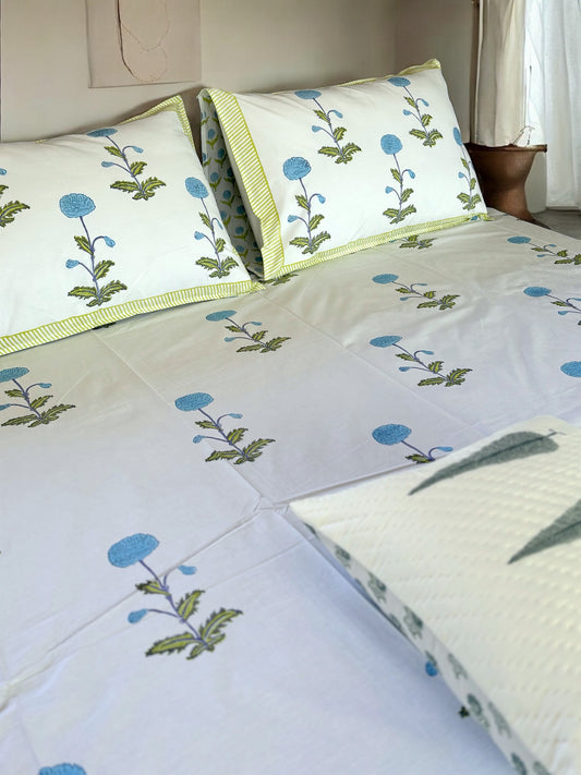 Sky Bloom Block Print Bedsheet