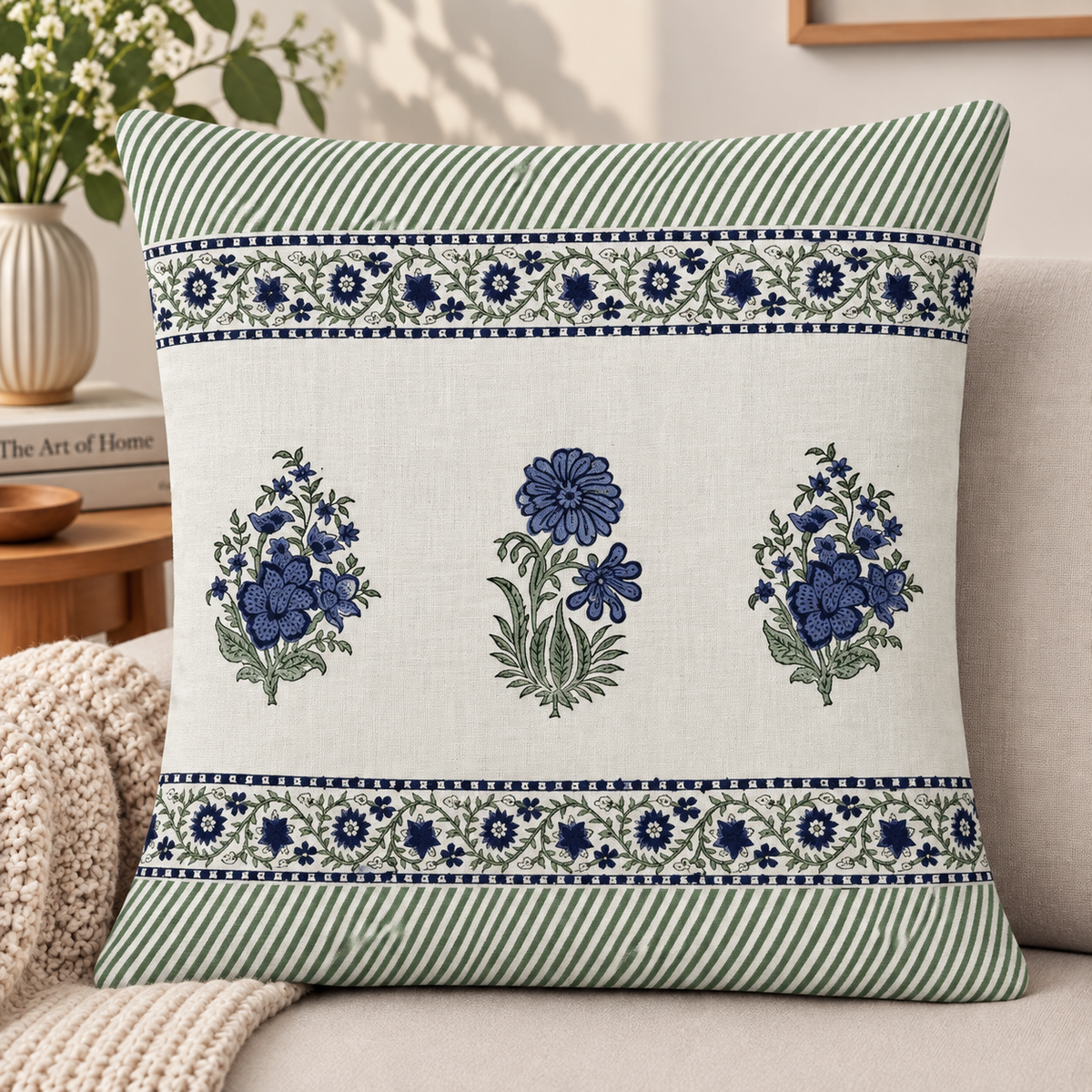 Indigo Floral Block Print Cushion Cover