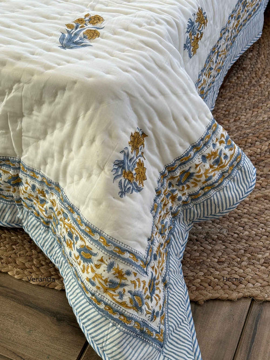 Blue button block print quilt