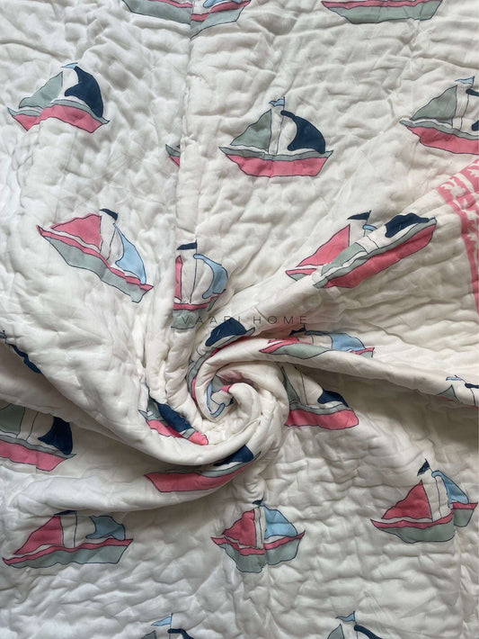 Boat print mulmul baby quilt