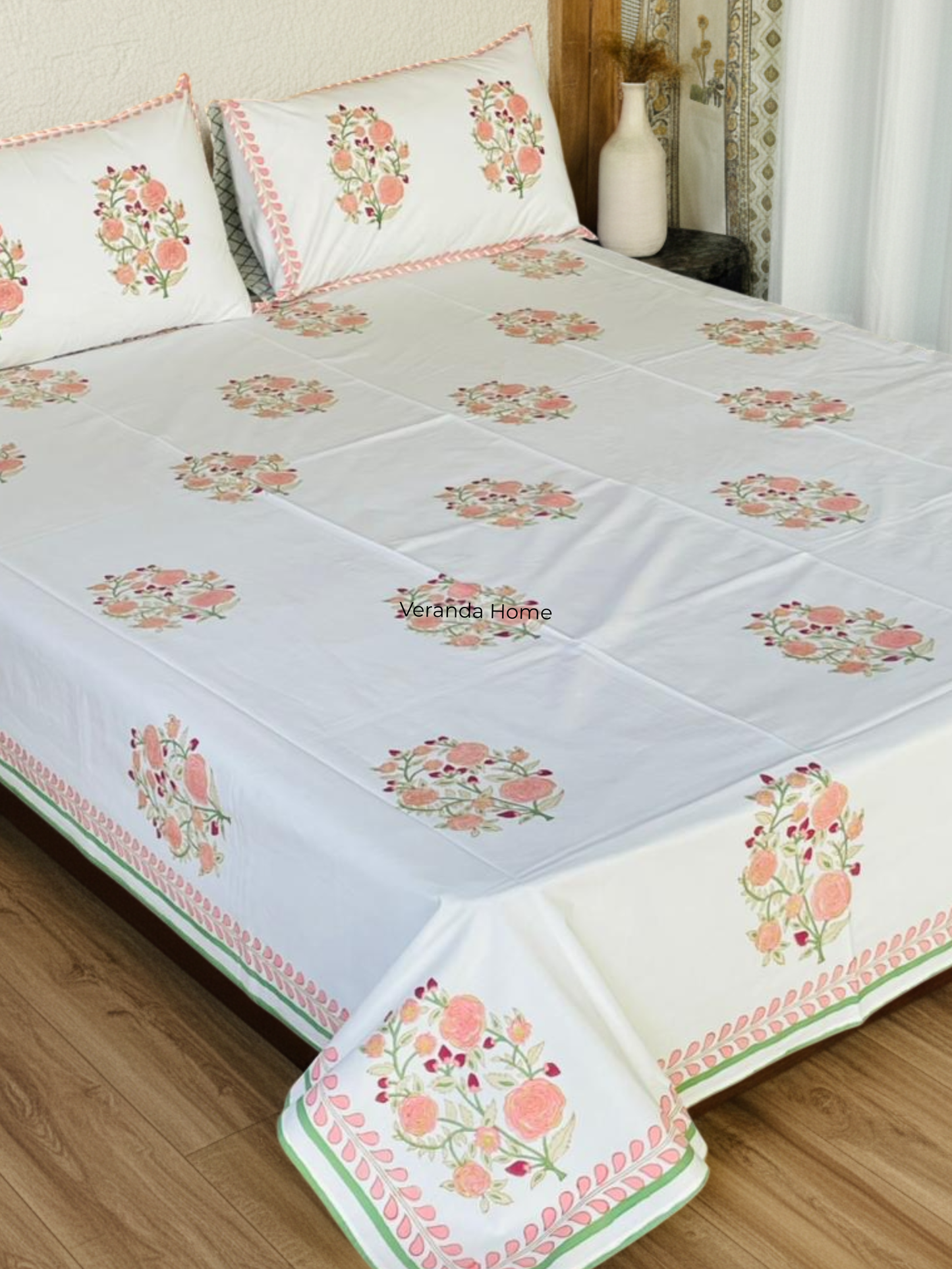 Pink Floral Block Print Bedsheet