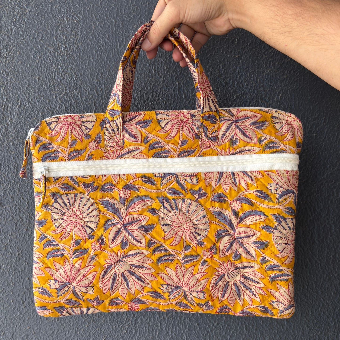 Yellow Floral Quilted Block Printed Laptop sleeve