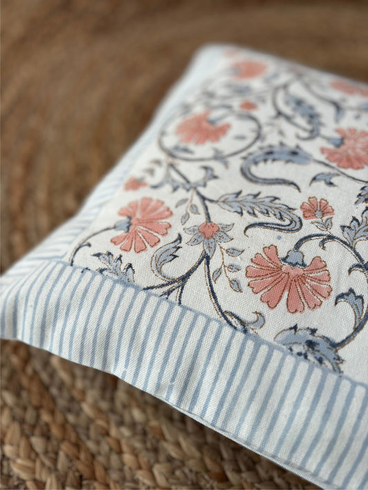 Blue Floral Canvas Cushion Cover