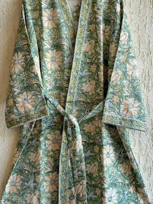 Green Floral Block Print waffle Bathrobe
