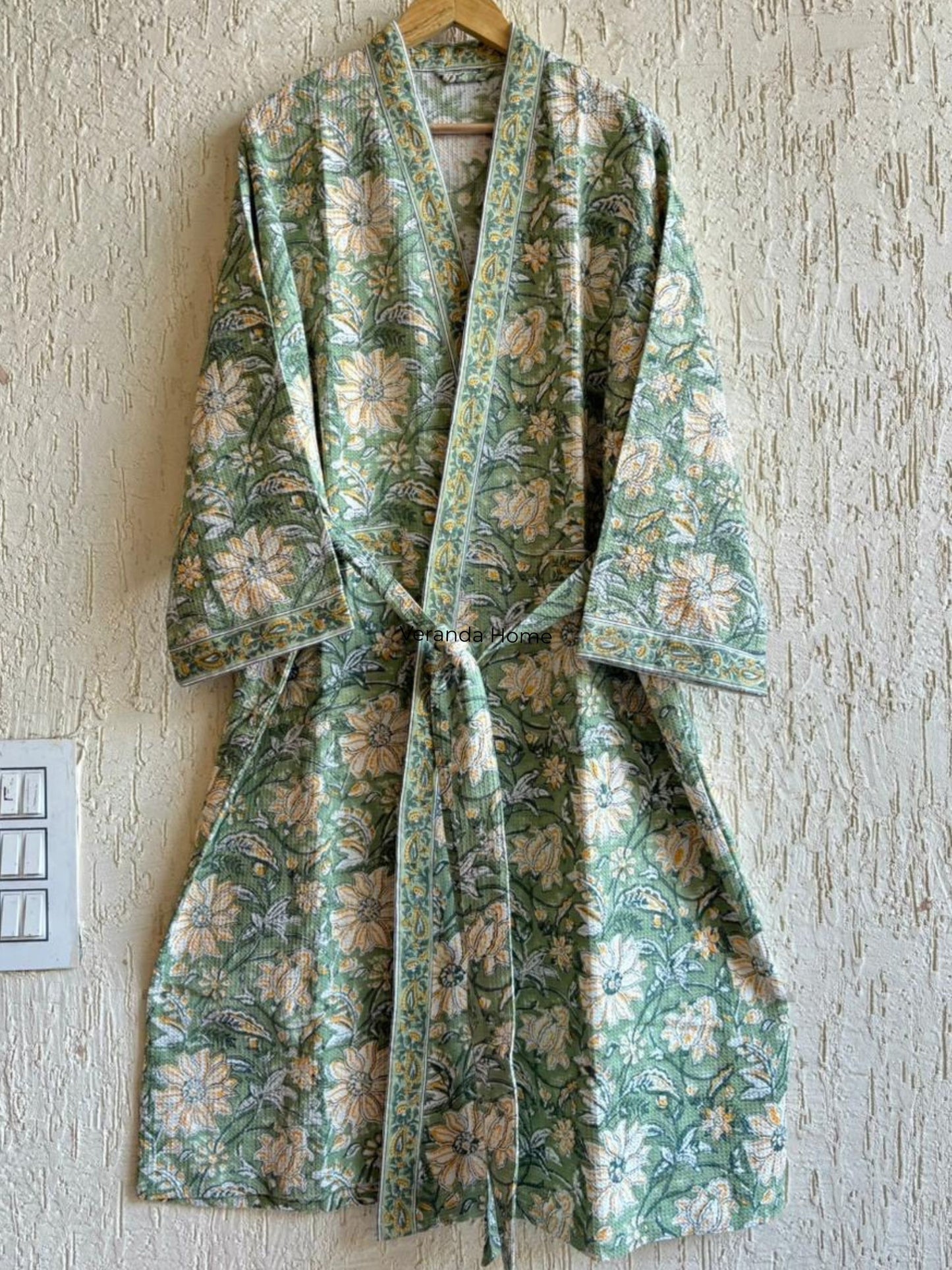 Green Floral Block Print waffle Bathrobe