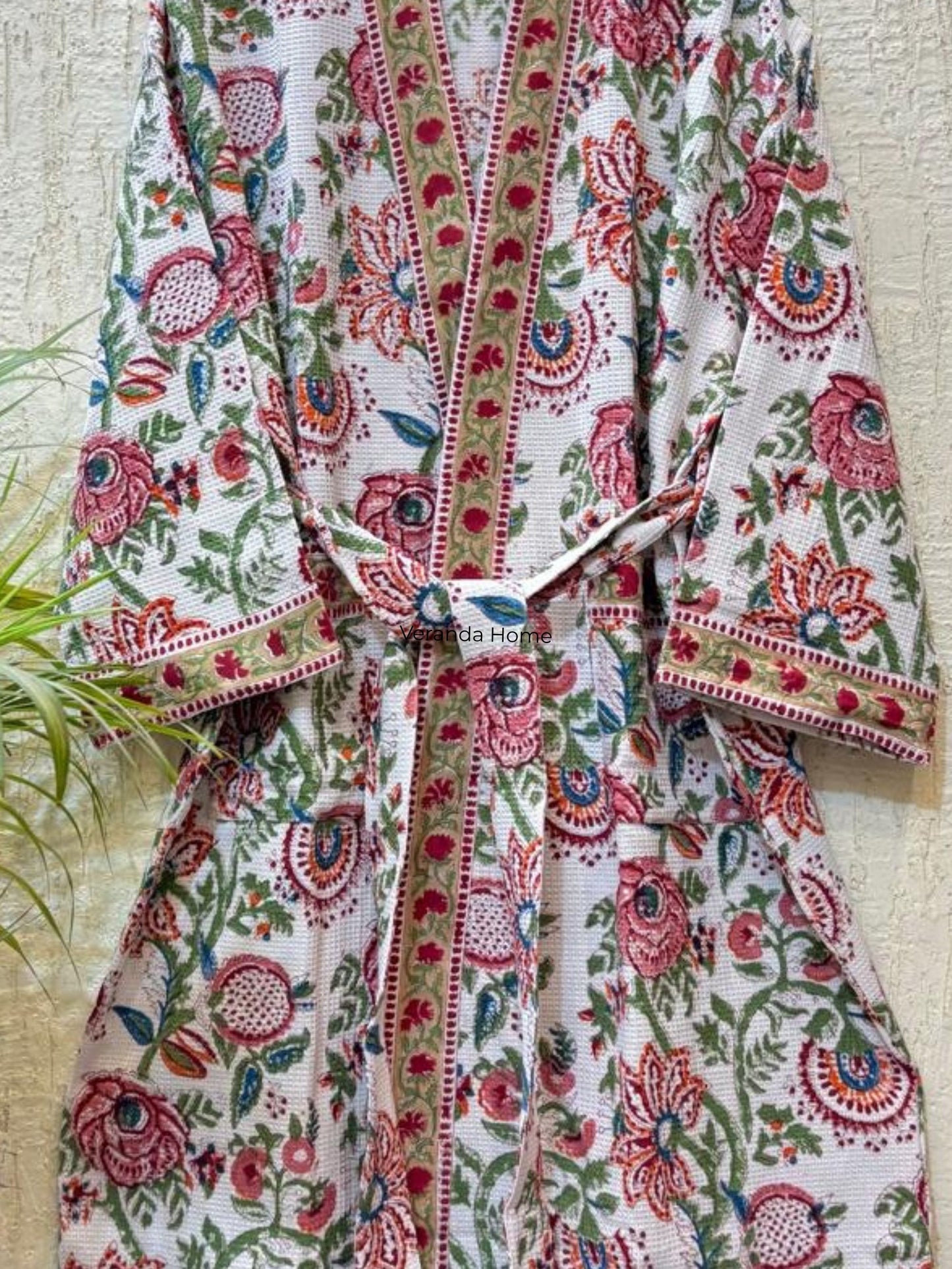 White Floral Block Print waffle Bathrobe