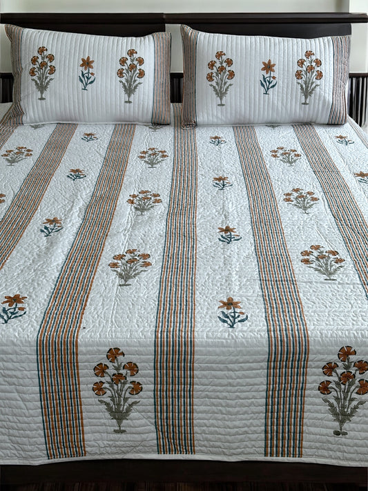 Amber Bloom Stripes Cotton Quilted Bedcover