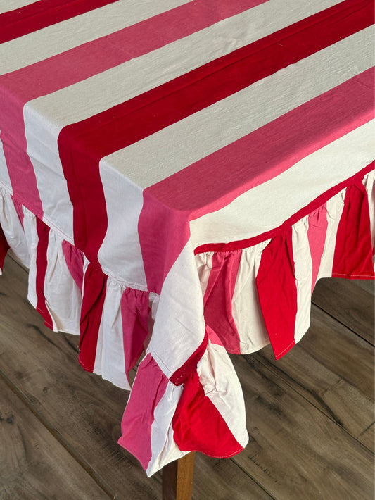 Striped Ruffled Tablecloth Red White Pink