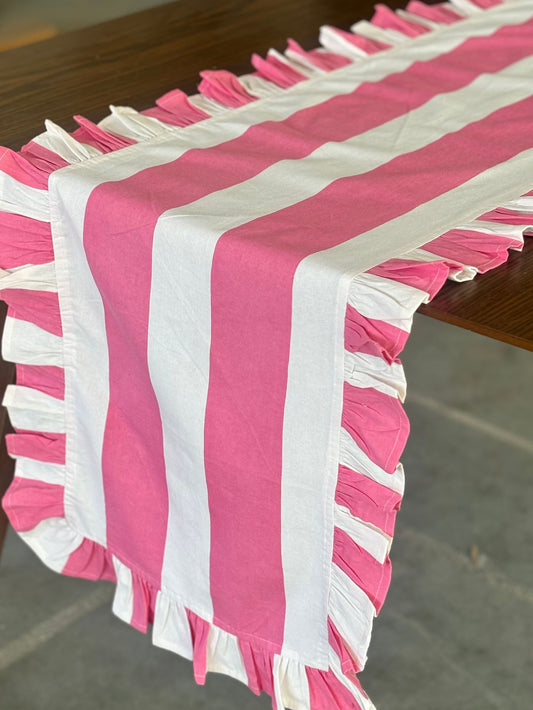Pink Stripe Table Runner With Ruffles
