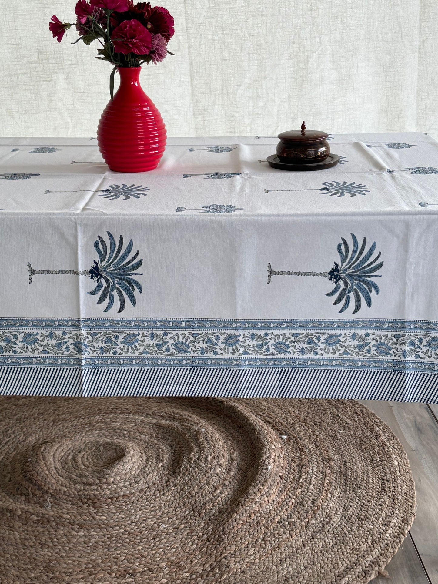 Indian Block Print Tablecloth, Blue & White Cotton Floral Dining Table Cove