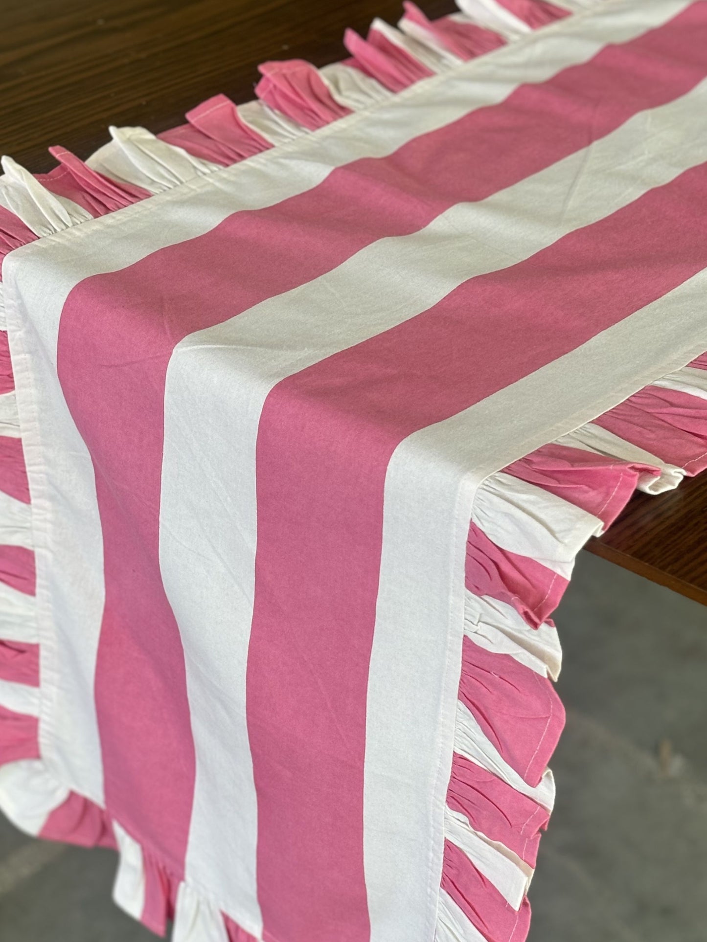 Pink Stripe Table Runner With Ruffles
