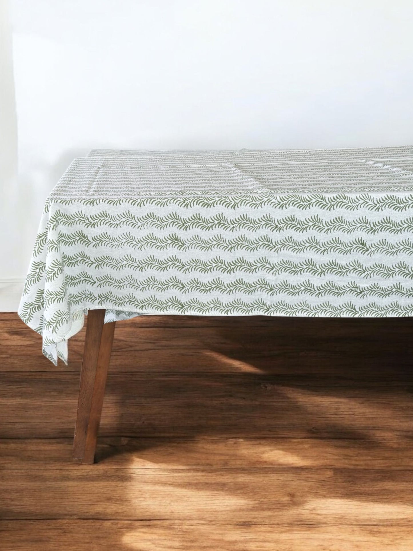 Cotton Block Print Tablecloth, Green, Handmade Vintage Tablecloth, Floral French Table Cover