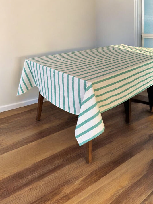 Striped Cotton Tablecloth, Green and White Pattern, Rectangular Dining Table Cover