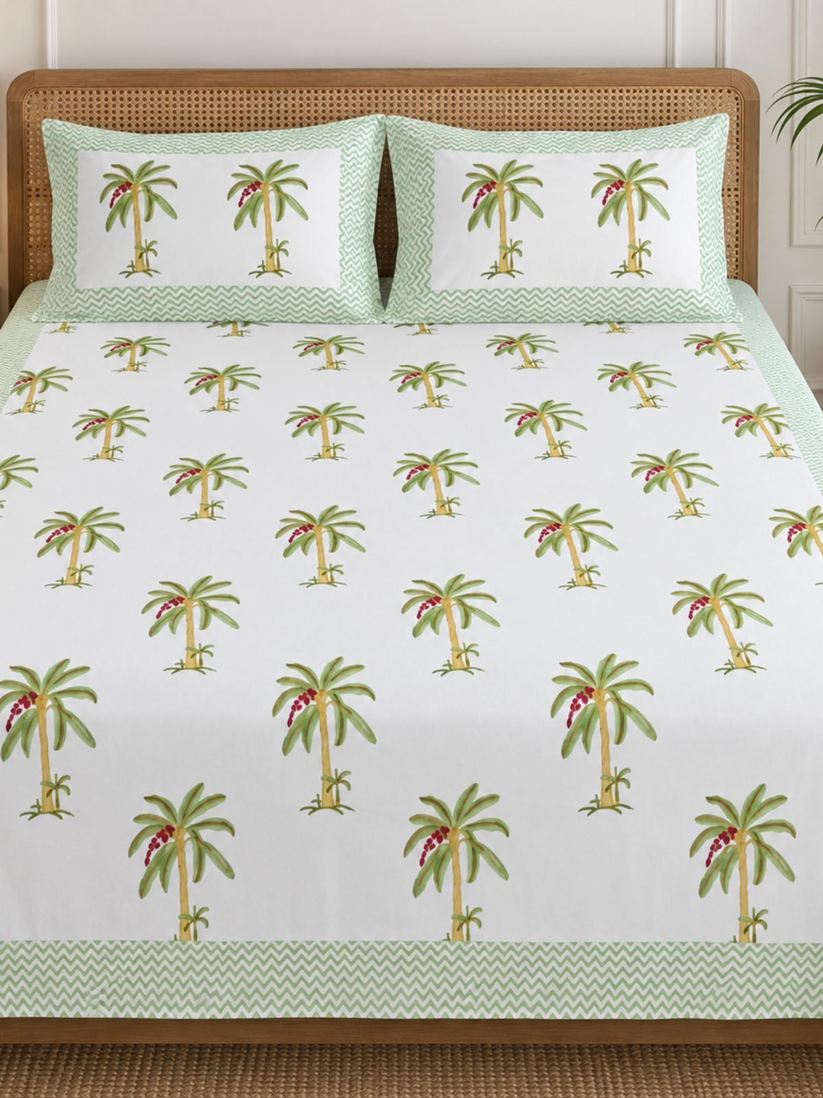 Green Palm Block Print Bedsheet