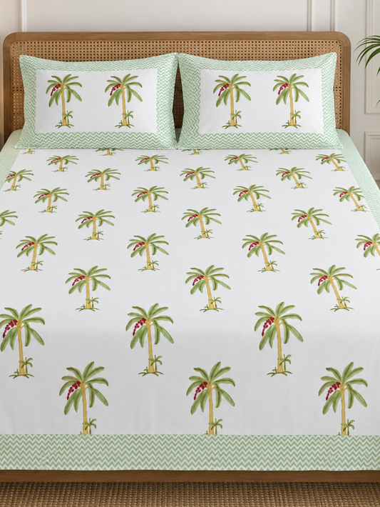 Green Palm Block Print Bedsheet