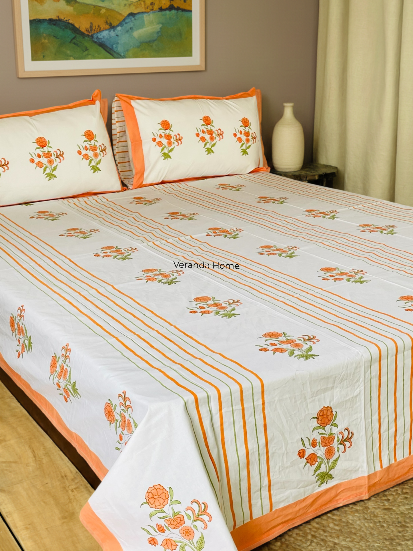 Kesari Block Print Cotton Bedsheet