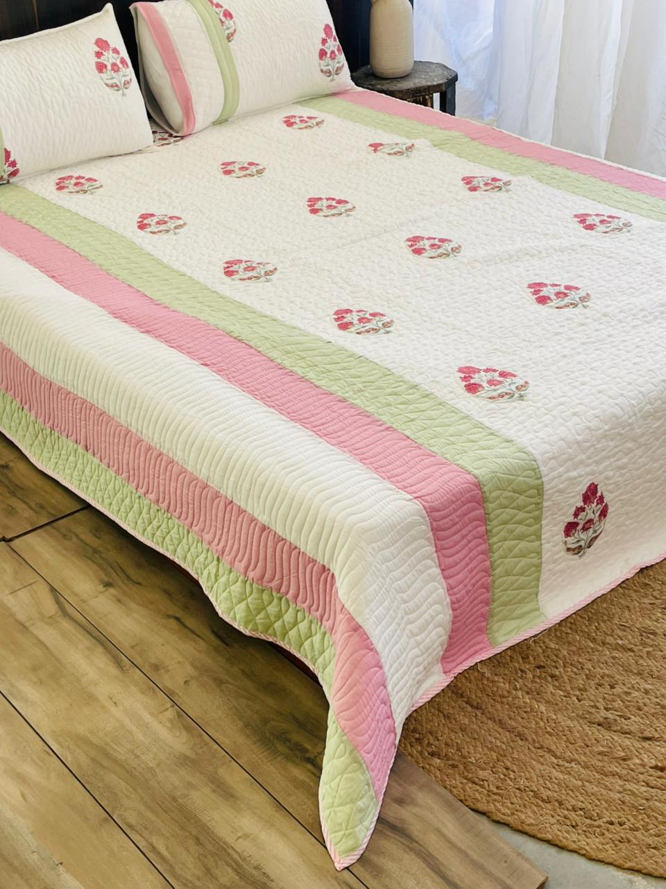 "Gulab Bageecha Patti Embroidery Quilted Bedcover