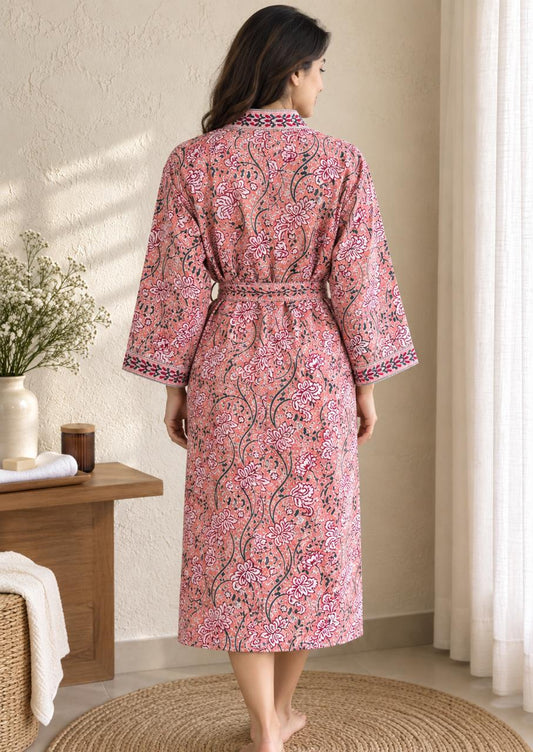 Dusty Pink Jaipuri Floral Kimono Bath Robe