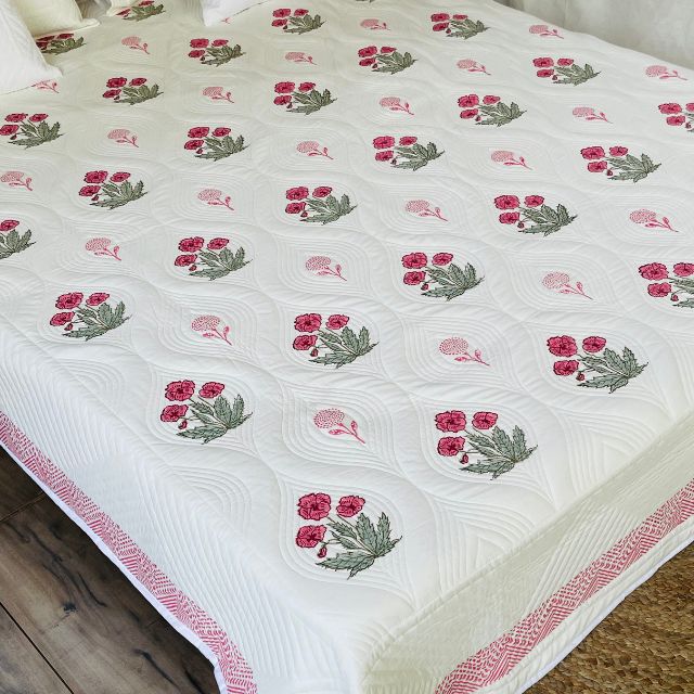Rose Print Cotton Quilted Bedcover