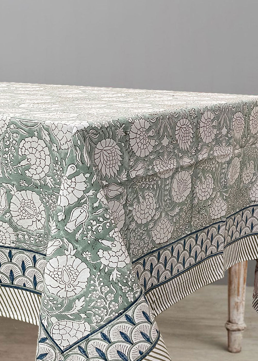 Green block print table cover