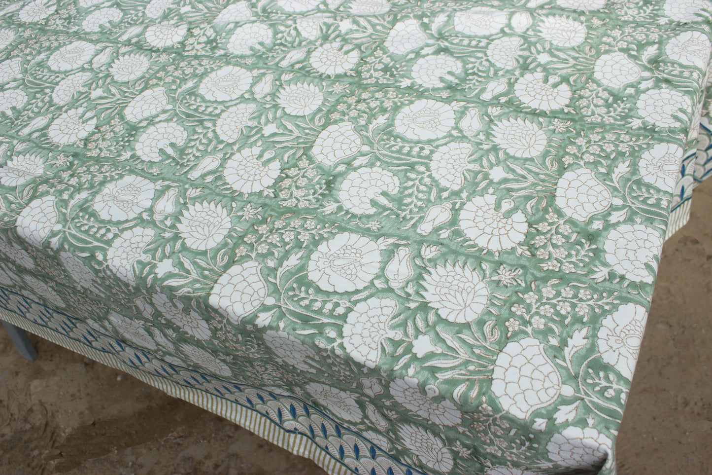 Green block print table cover