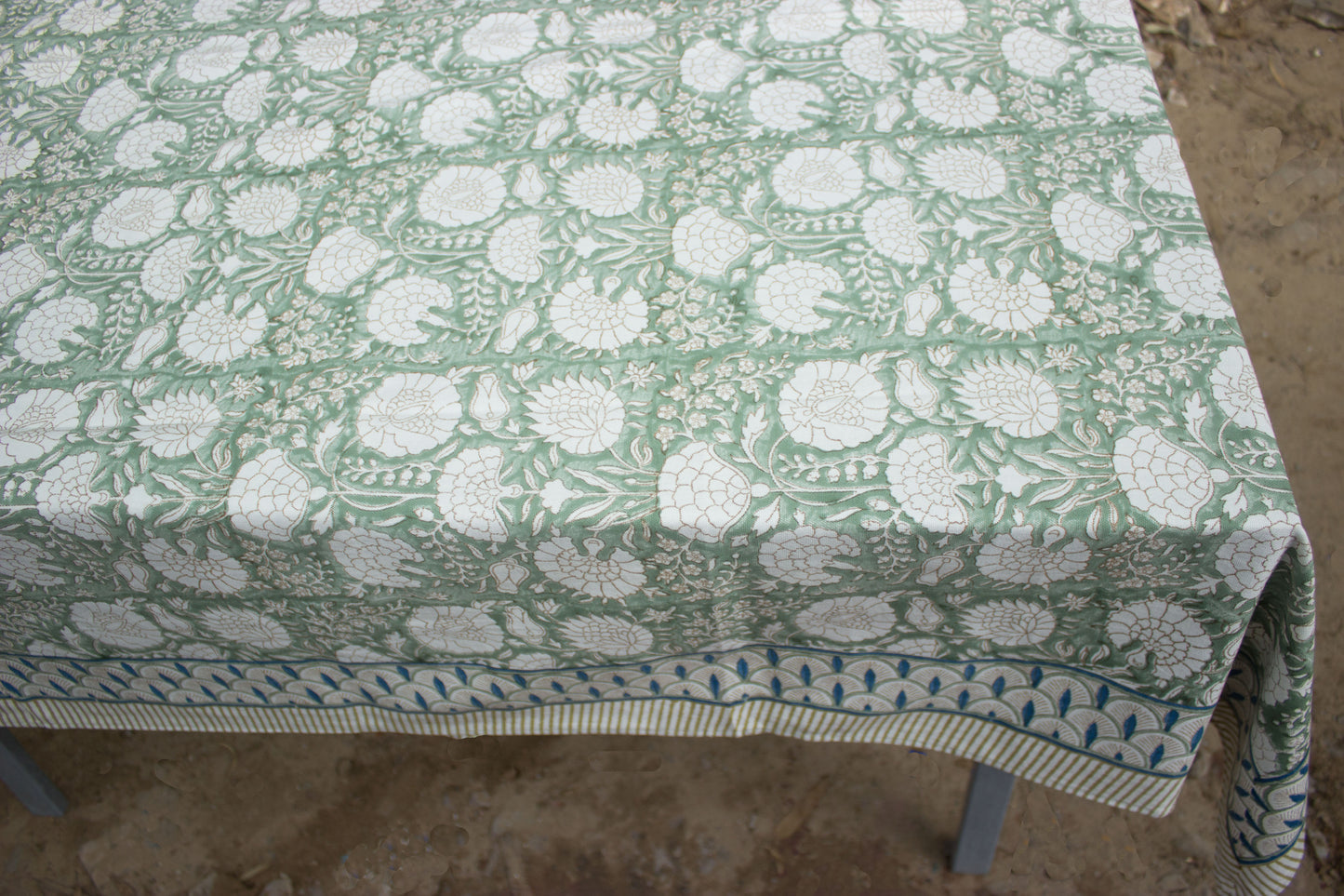 Green block print table cover