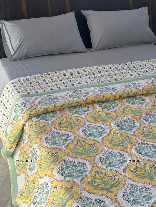 Golden Garden Mulmul Block Print Quilt