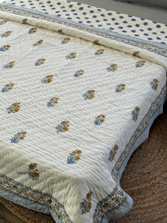 Blue Butti Mulmul Cotton Block Print Quilt 