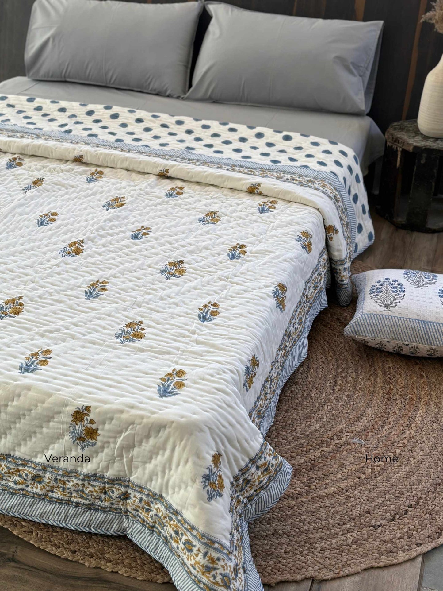 King size blue cotton block printed mulmul quilt