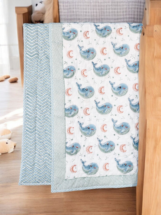 Block printed whale Mulmul Baby Quilt for kids 