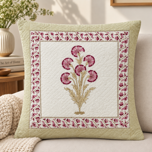 Pink Mughal Floral Jacquard Cushion Cover