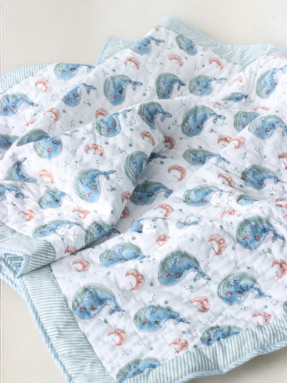 Block printed whale Mulmul Baby Quilt for kids 