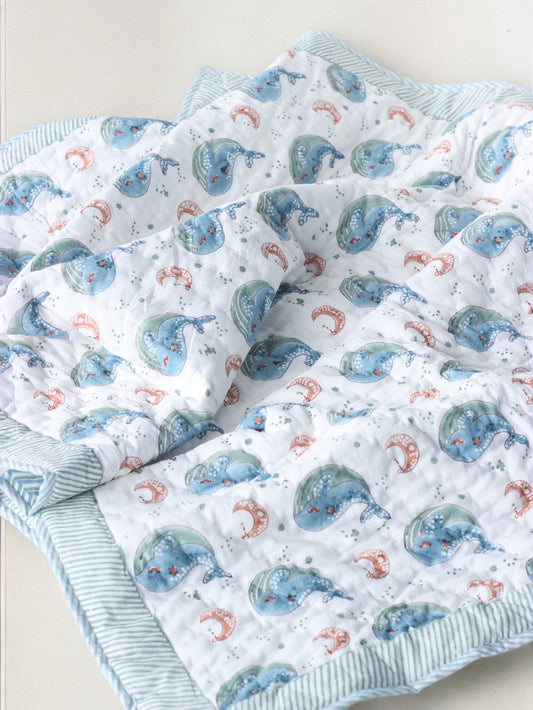 Block printed whale Mulmul Baby Quilt for kids 