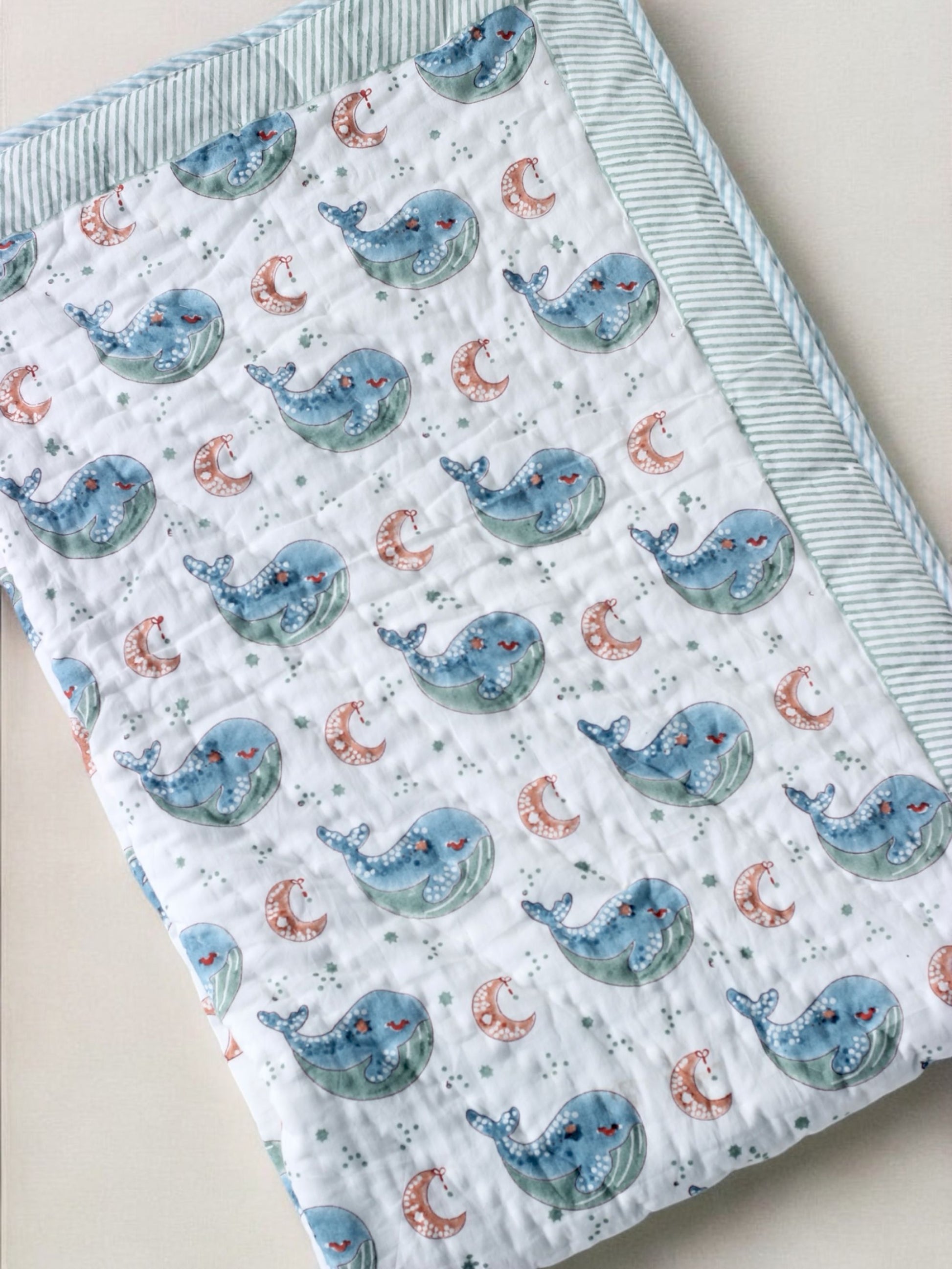 Block printed whale Mulmul Baby Quilt for kids 