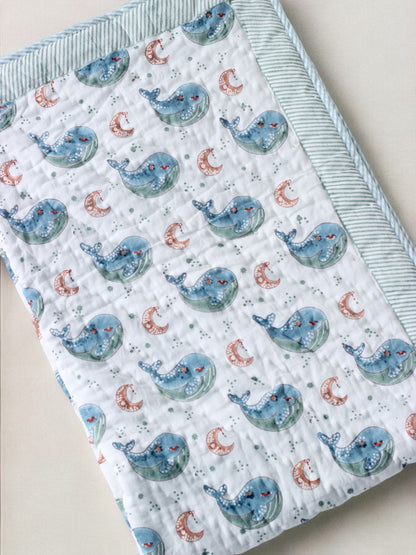 Block printed whale Mulmul Baby Quilt for kids 