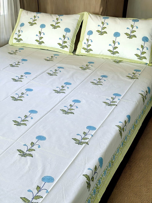 Sky Bloom Block Print Bedsheet