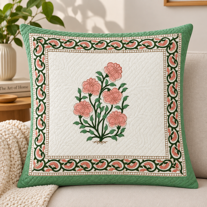 Green Mughal Peony Jacquard Cushion Cover