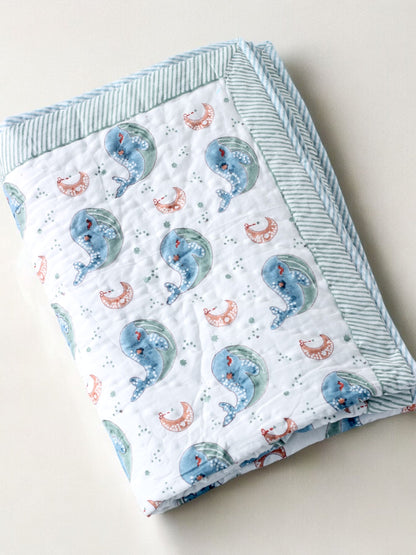 Block printed whale Mulmul Baby Quilt for kids 