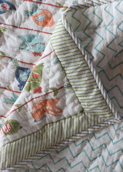 Bird print mulmul baby quilt