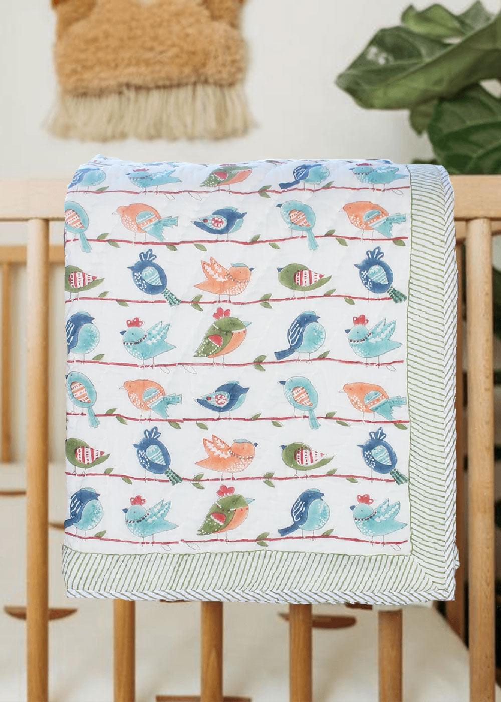 Bird print mulmul baby quilt
