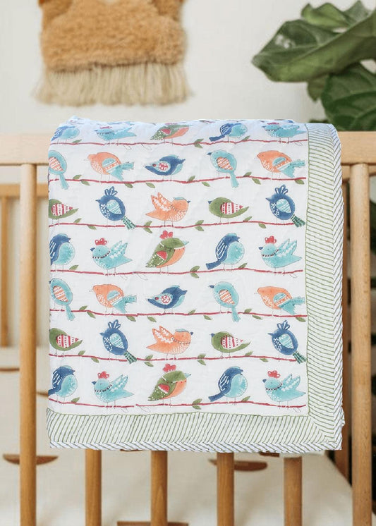 Bird print mulmul baby quilt