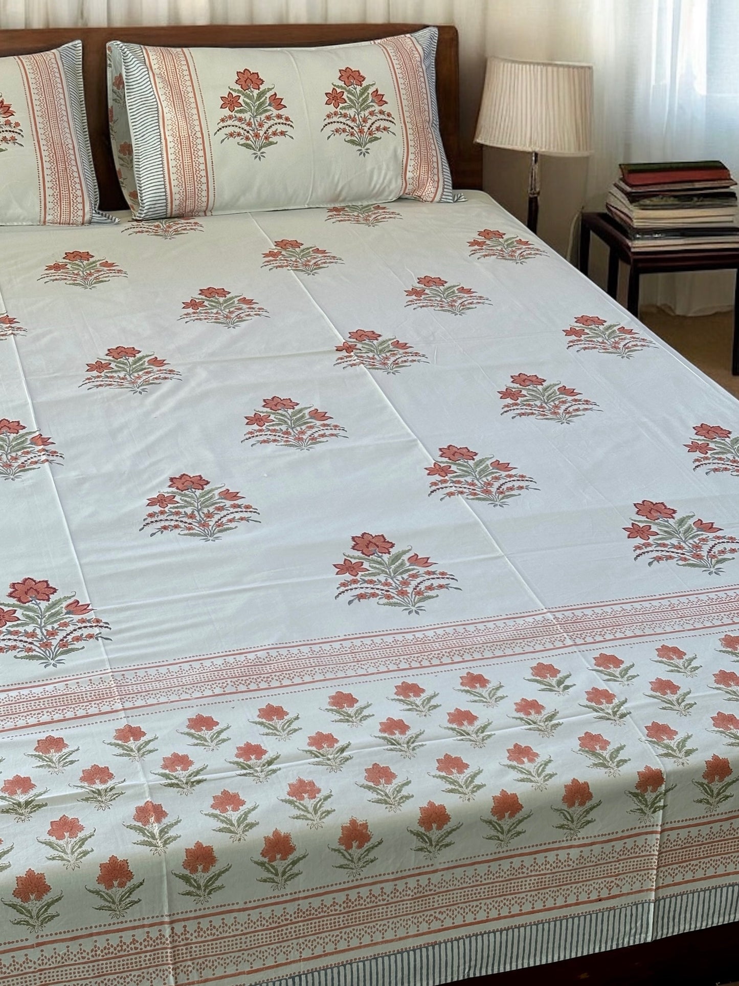 Red Floral Block Print Bedsheet
