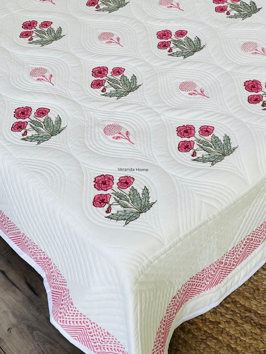 Rose Print Cotton Quilted Bedcover