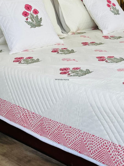 Rose Print Cotton Quilted Bedcover