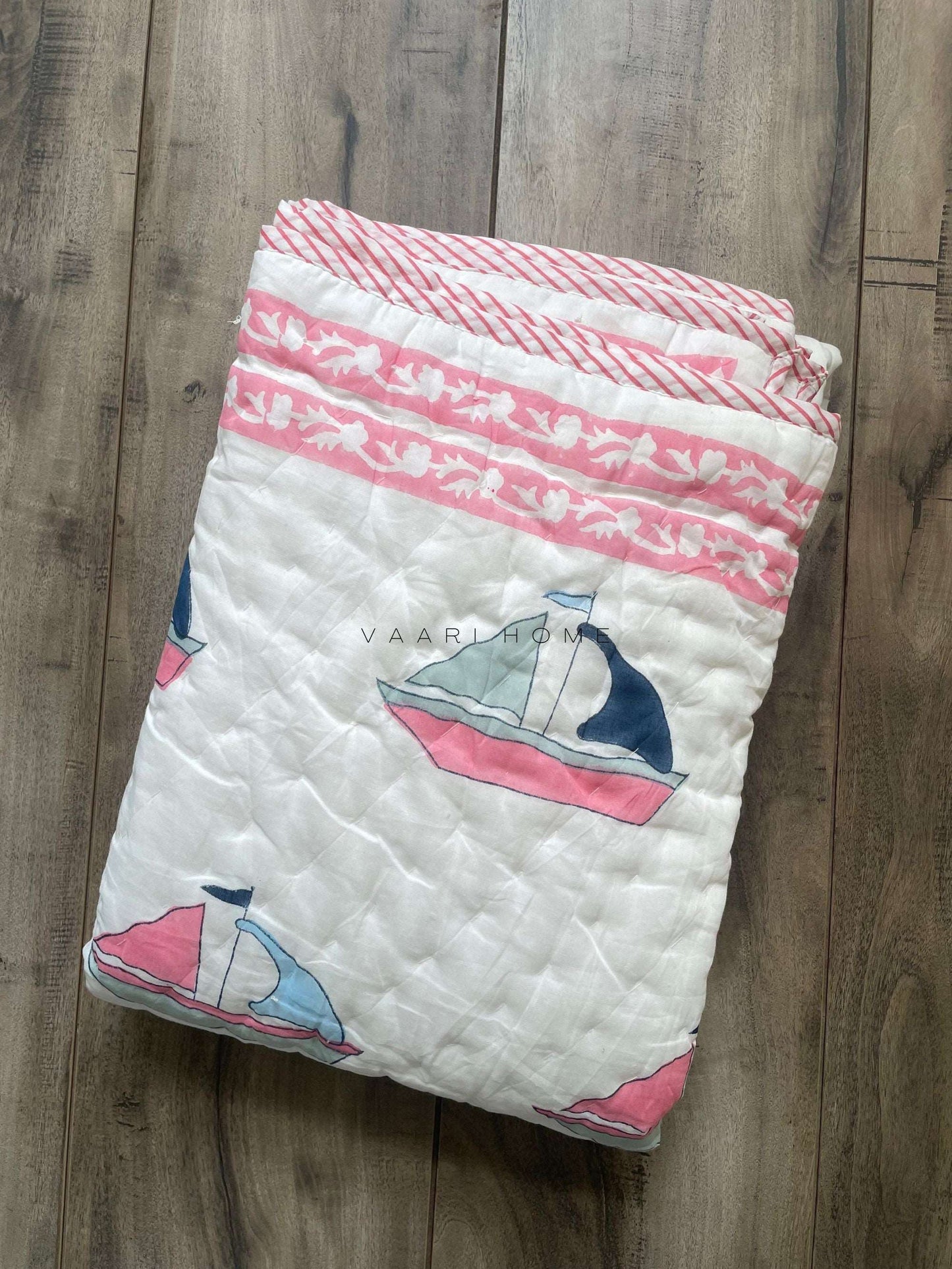 Boat print mulmul baby quilt