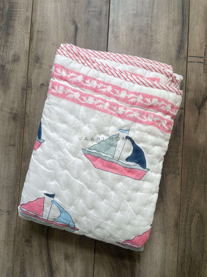 Boat print mulmul baby quilt