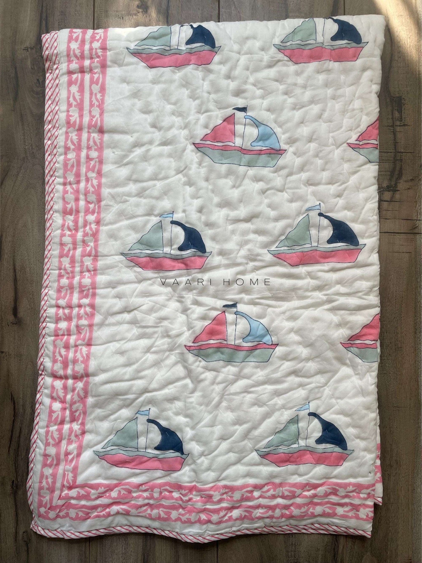 Boat print mulmul baby quilt