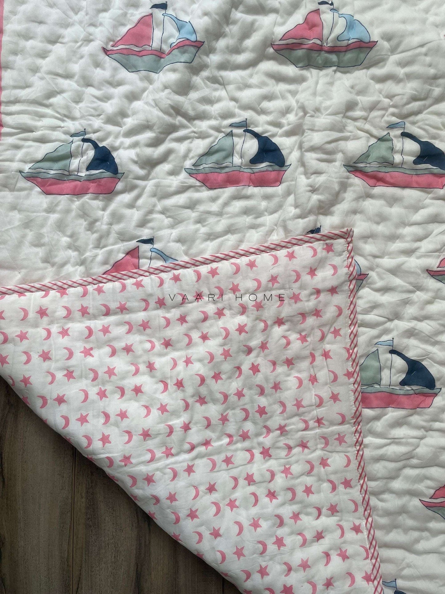 Boat print mulmul baby quilt