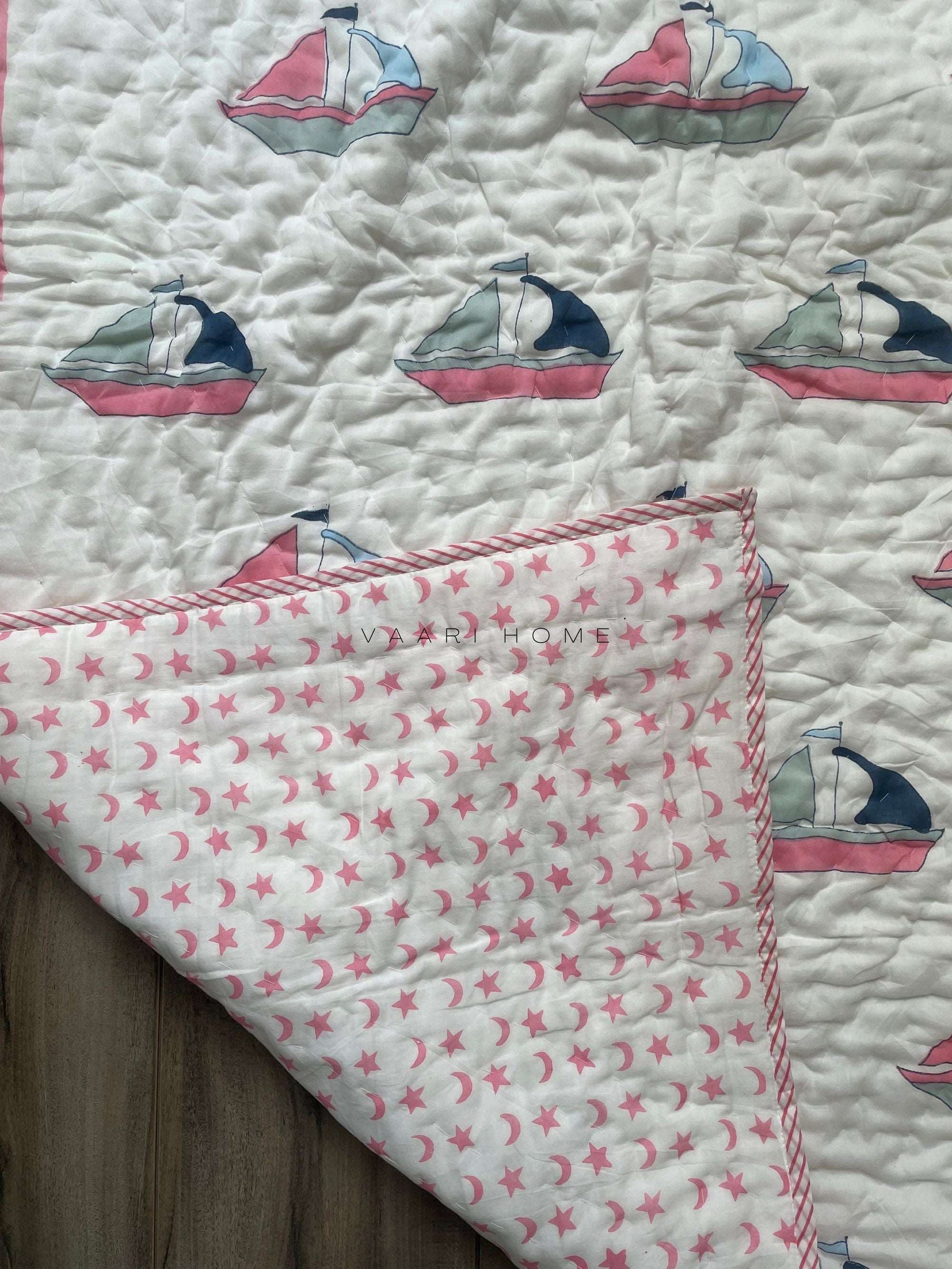 Boat print mulmul baby quilt